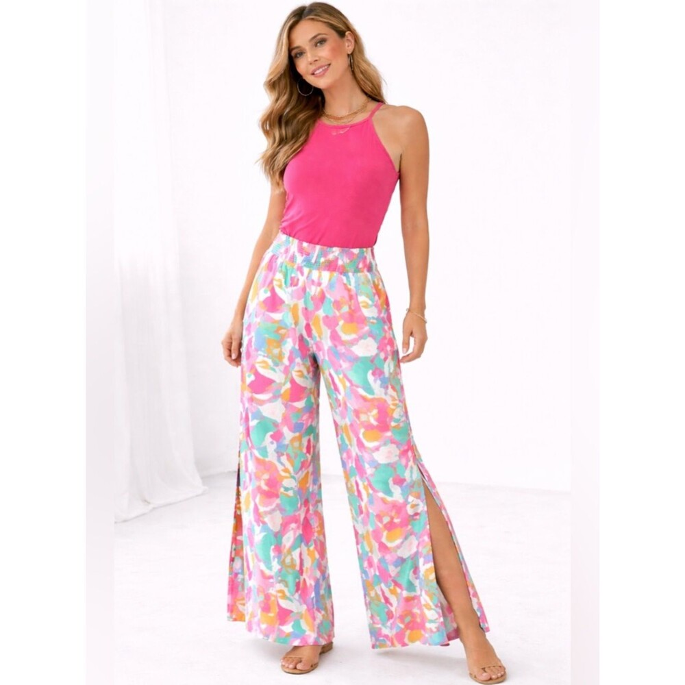 Michelle McDowell Krista Floral Wide Leg Pants Tropical Blue Pink Resortwear L